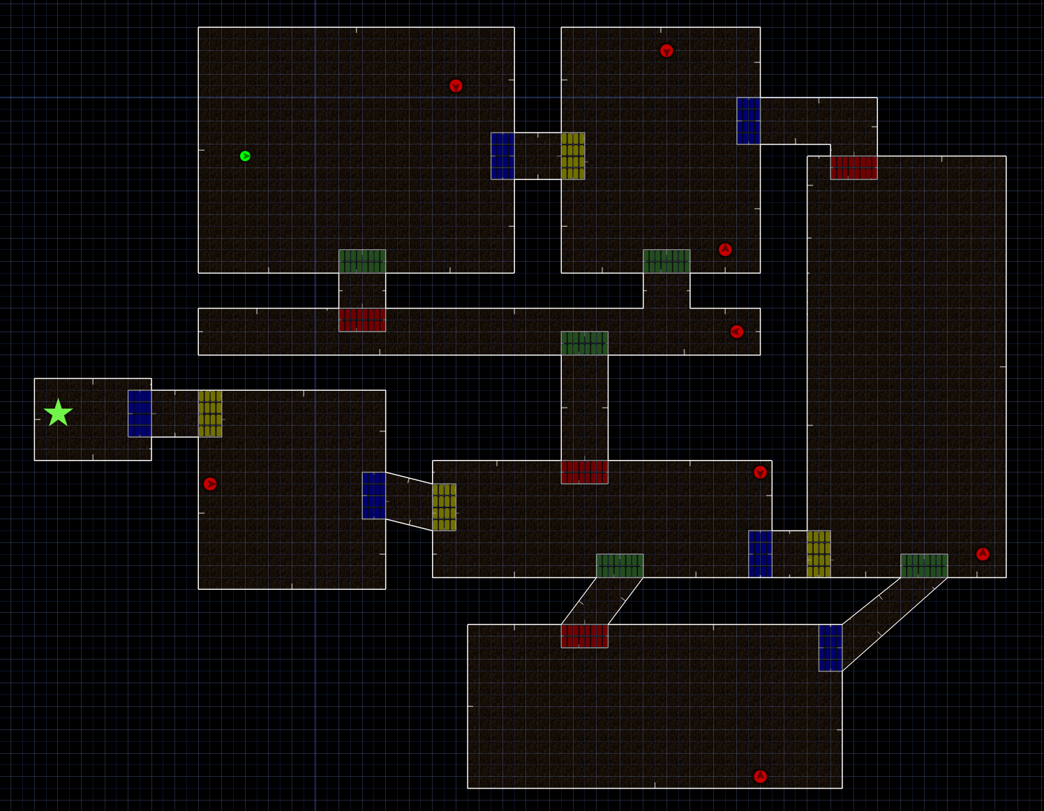 _Map of the ViZDoom environment. The green star corresponds to the high-level objective and red dots to adversaries._