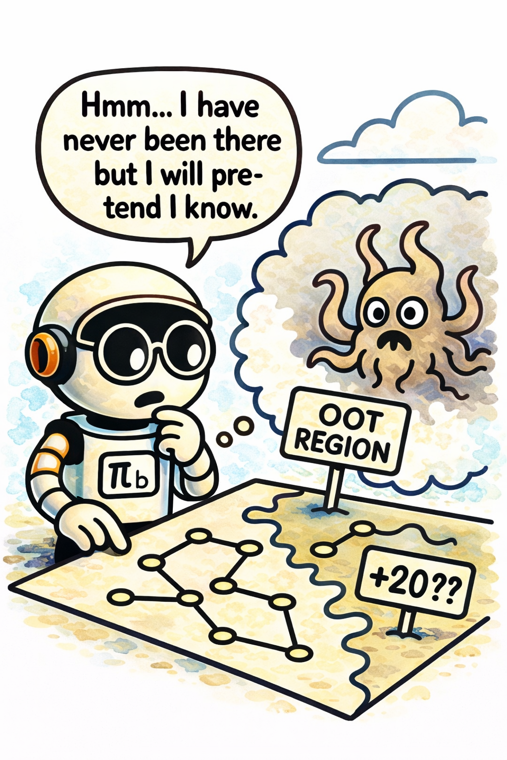_A cartoon intuition for the out-of-trajectory problem: local accuracy on the data support is not enough if the next policy jumps into poorly covered regions._